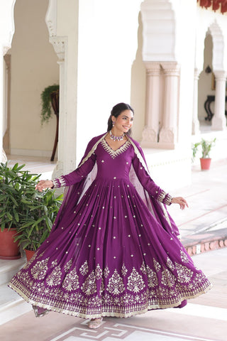Wine Vichitra Silk Sequins Embroidered Anarkali Gown with Fancy V-Neck & Designer Dupatta – Fully Stitched Party & Festive Wear ClothsVilla