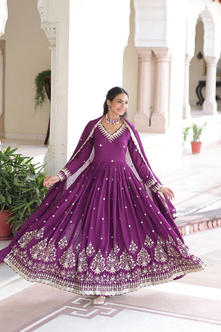 Wine Vichitra Silk Sequins Embroidered Anarkali Gown with Fancy V-Neck & Designer Dupatta – Fully Stitched Party & Festive Wear ClothsVilla