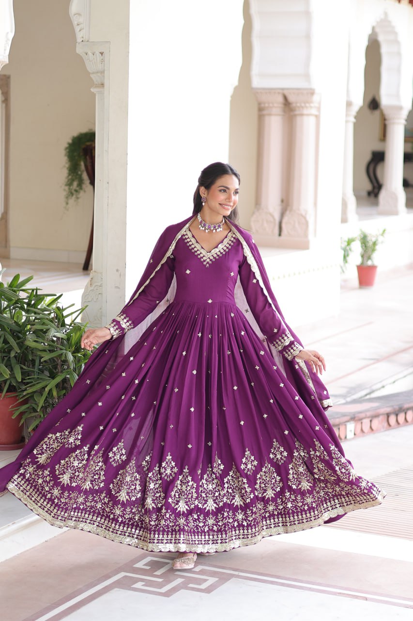 Wine Vichitra Silk Sequins Embroidered Anarkali Gown with Fancy V-Neck & Designer Dupatta – Fully Stitched Party & Festive Wear ClothsVilla