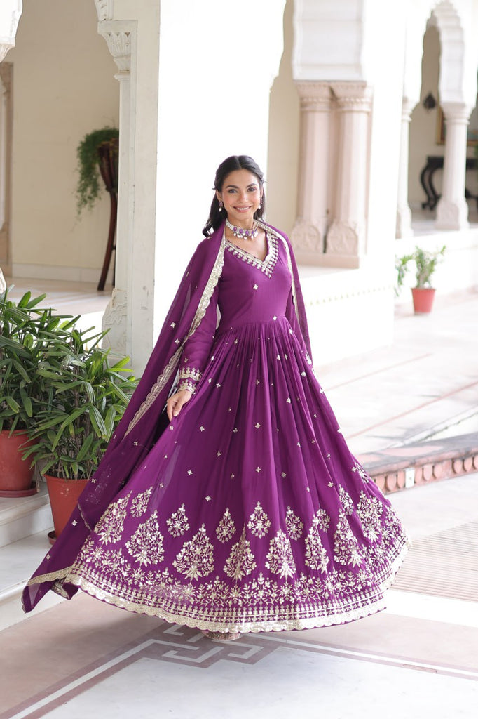 Wine Vichitra Silk Sequins Embroidered Anarkali Gown with Fancy V-Neck & Designer Dupatta – Fully Stitched Party & Festive Wear ClothsVilla