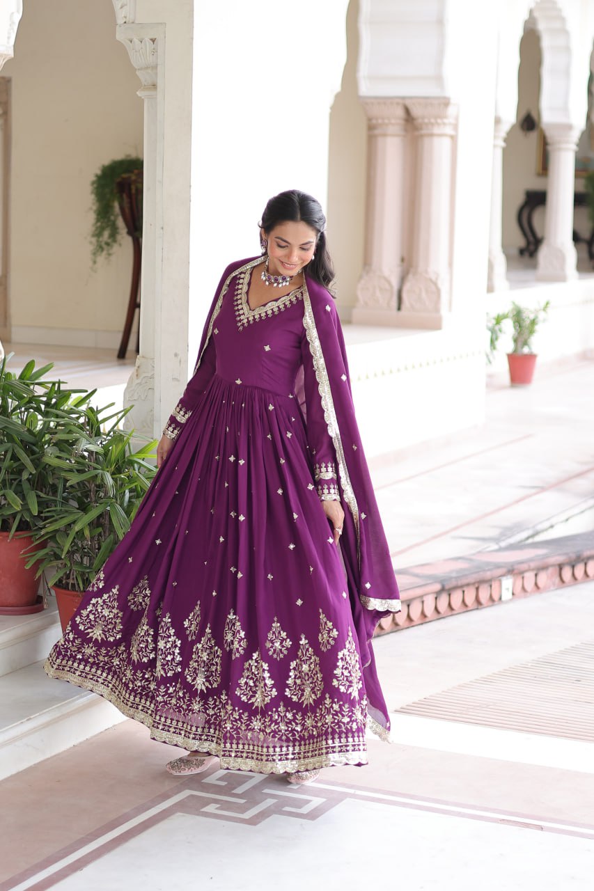 Wine Vichitra Silk Sequins Embroidered Anarkali Gown with Fancy V-Neck & Designer Dupatta – Fully Stitched Party & Festive Wear ClothsVilla