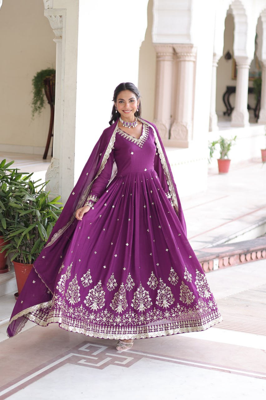 Wine Vichitra Silk Sequins Embroidered Anarkali Gown with Fancy V-Neck & Designer Dupatta – Fully Stitched Party & Festive Wear ClothsVilla