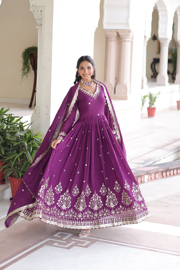 Wine Vichitra Silk Sequins Embroidered Anarkali Gown with Fancy V-Neck & Designer Dupatta – Fully Stitched Party & Festive Wear ClothsVilla