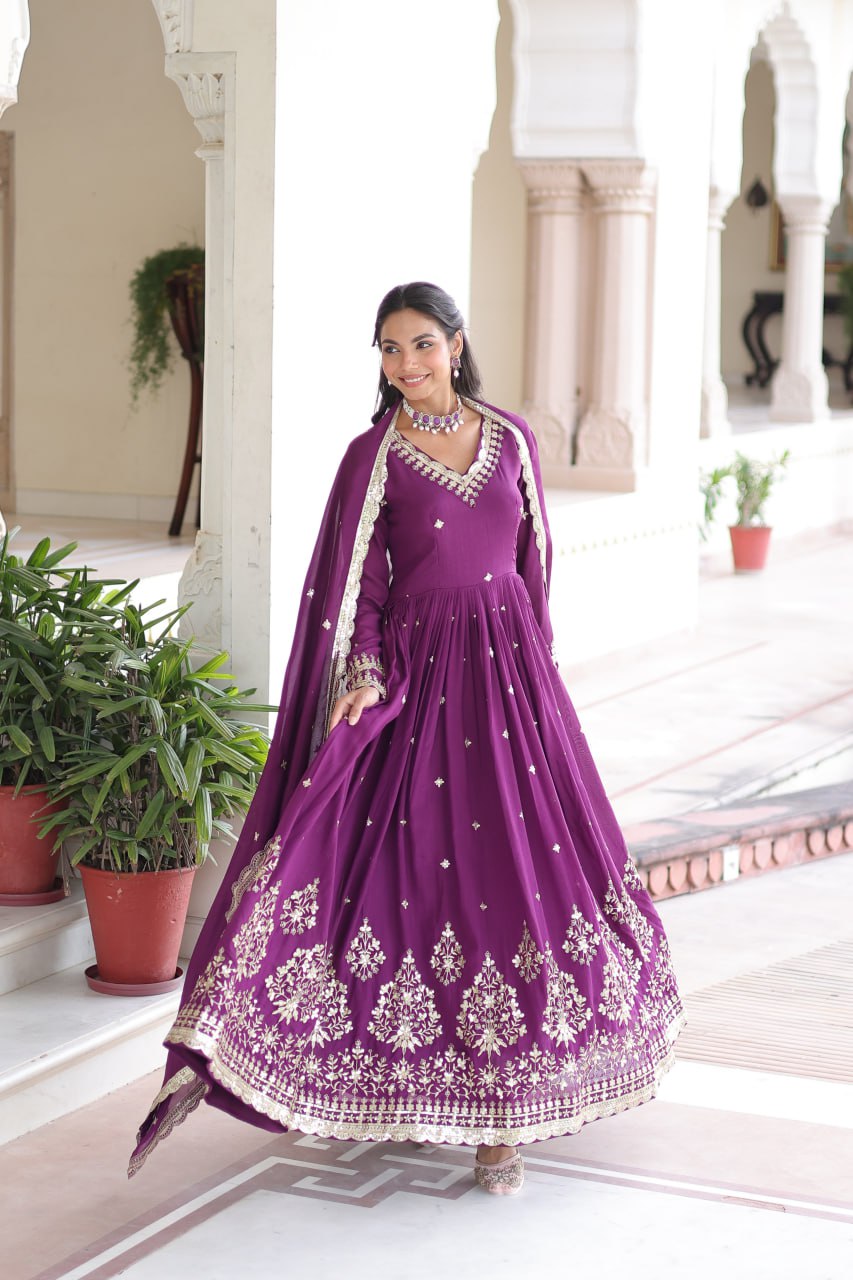 Wine Vichitra Silk Sequins Embroidered Anarkali Gown with Fancy V-Neck & Designer Dupatta – Fully Stitched Party & Festive Wear ClothsVilla