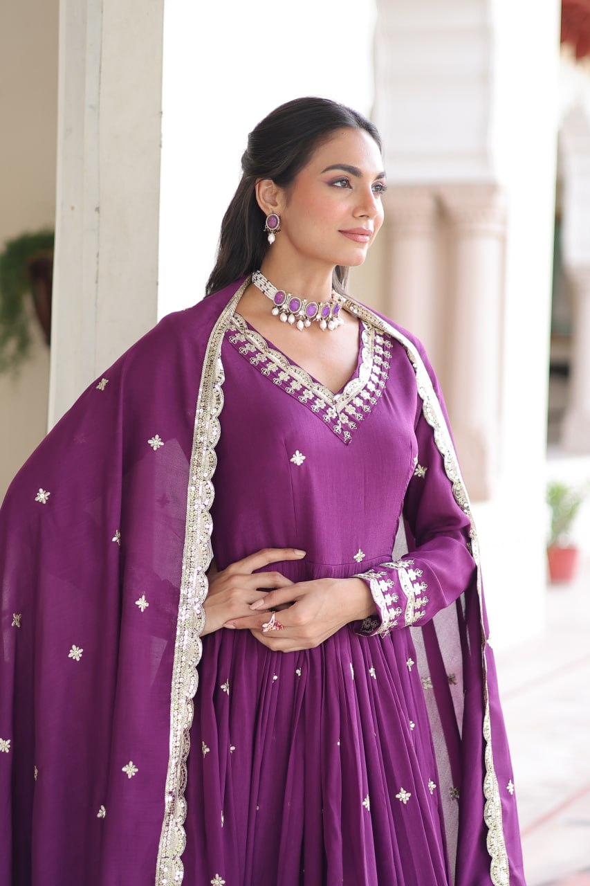 Wine Vichitra Silk Sequins Embroidered Anarkali Gown with Fancy V-Neck & Designer Dupatta – Fully Stitched Party & Festive Wear ClothsVilla