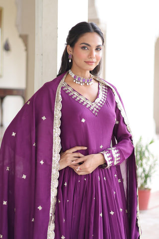 Wine Vichitra Silk Sequins Embroidered Anarkali Gown with Fancy V-Neck & Designer Dupatta – Fully Stitched Party & Festive Wear ClothsVilla