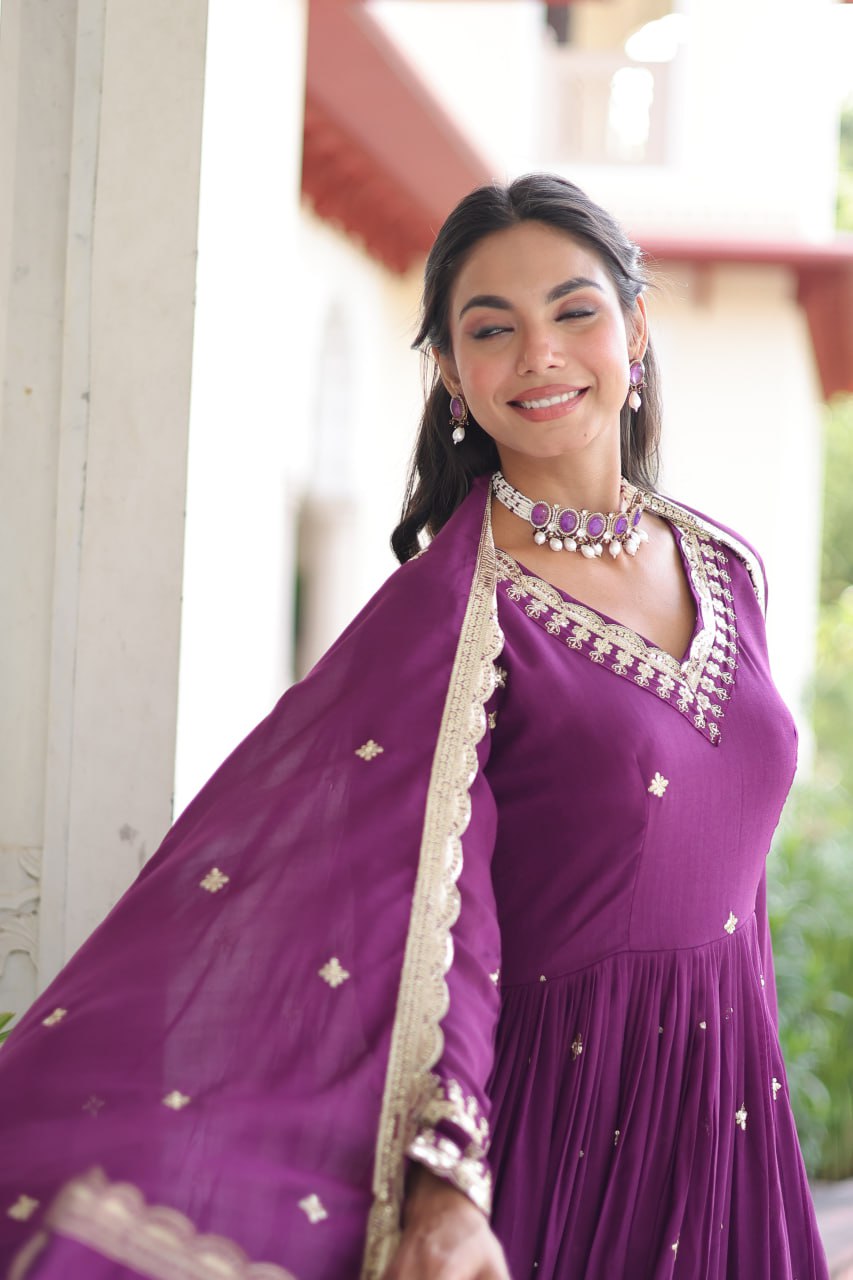 Wine Vichitra Silk Sequins Embroidered Anarkali Gown with Fancy V-Neck & Designer Dupatta – Fully Stitched Party & Festive Wear ClothsVilla