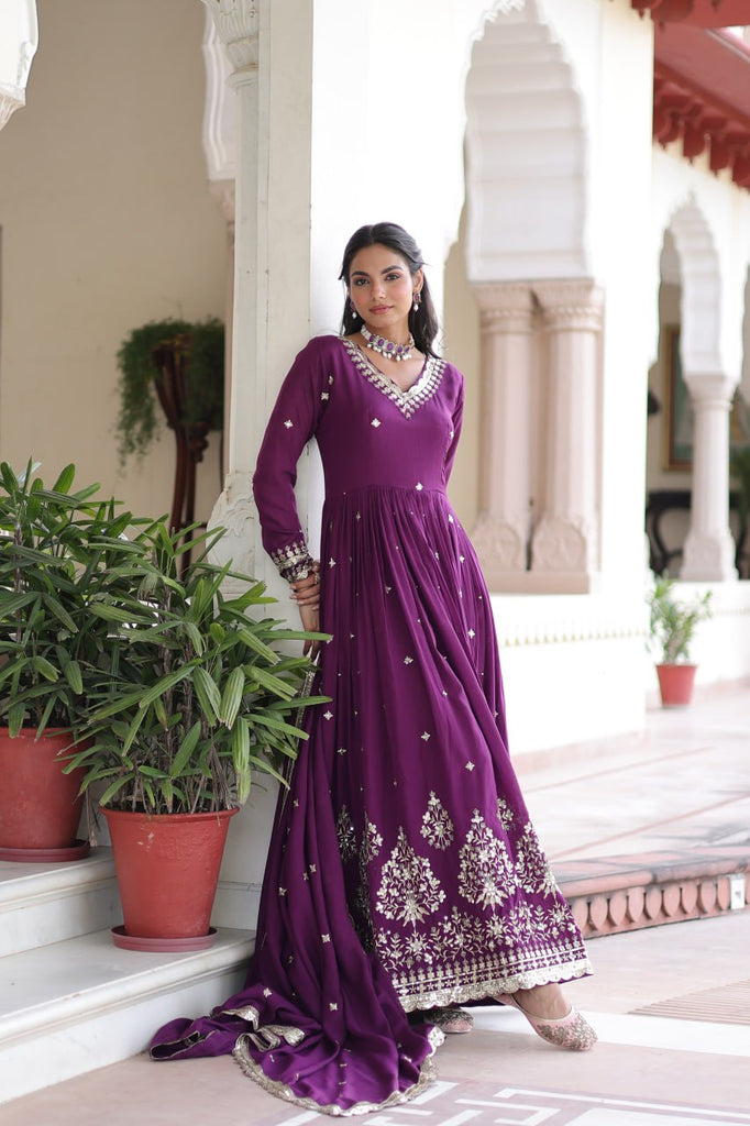 Wine Vichitra Silk Sequins Embroidered Anarkali Gown with Fancy V-Neck & Designer Dupatta – Fully Stitched Party & Festive Wear ClothsVilla