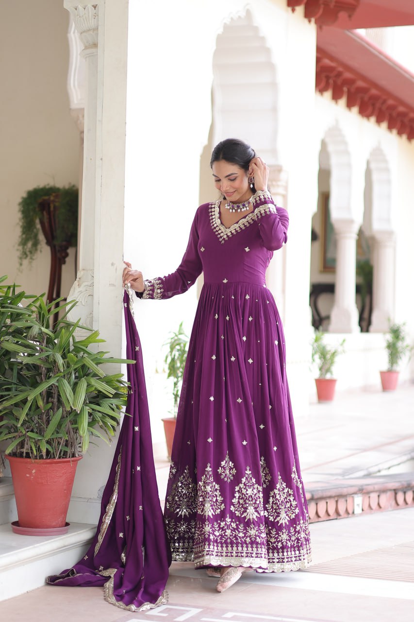 Wine Vichitra Silk Sequins Embroidered Anarkali Gown with Fancy V-Neck & Designer Dupatta – Fully Stitched Party & Festive Wear ClothsVilla