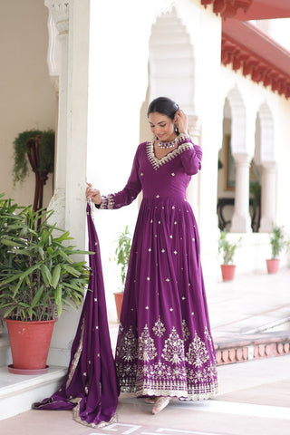 Wine Vichitra Silk Sequins Embroidered Anarkali Gown with Fancy V-Neck & Designer Dupatta – Fully Stitched Party & Festive Wear ClothsVilla