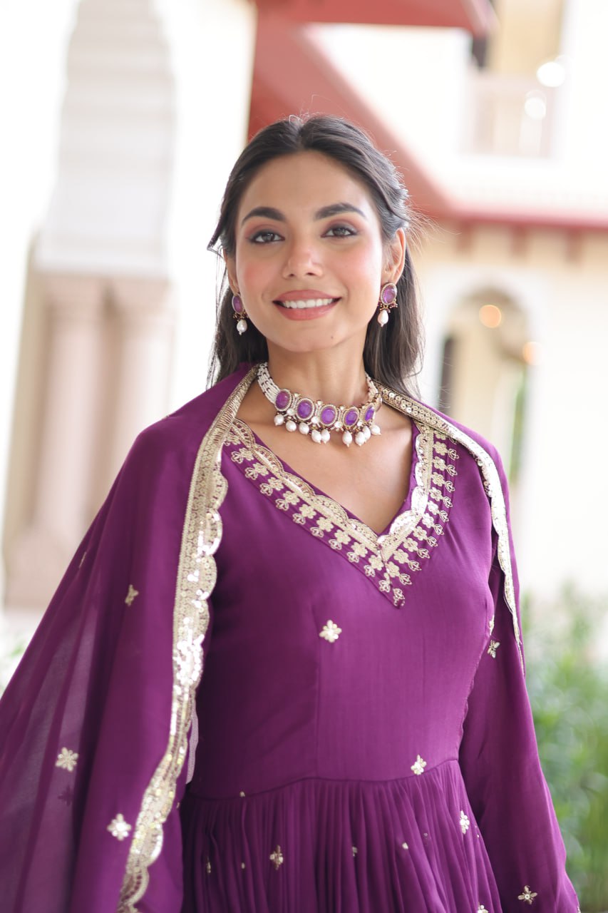 Wine Vichitra Silk Sequins Embroidered Anarkali Gown with Fancy V-Neck & Designer Dupatta – Fully Stitched Party & Festive Wear ClothsVilla