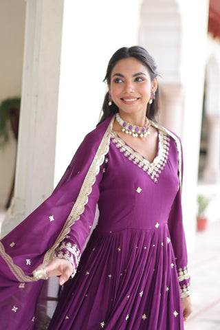 Wine Vichitra Silk Sequins Embroidered Anarkali Gown with Fancy V-Neck & Designer Dupatta – Fully Stitched Party & Festive Wear ClothsVilla