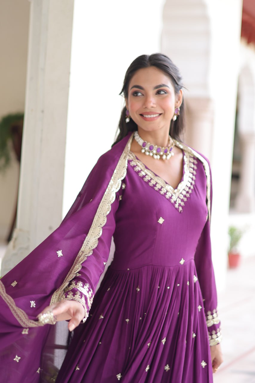 Wine Vichitra Silk Sequins Embroidered Anarkali Gown with Fancy V-Neck & Designer Dupatta – Fully Stitched Party & Festive Wear ClothsVilla