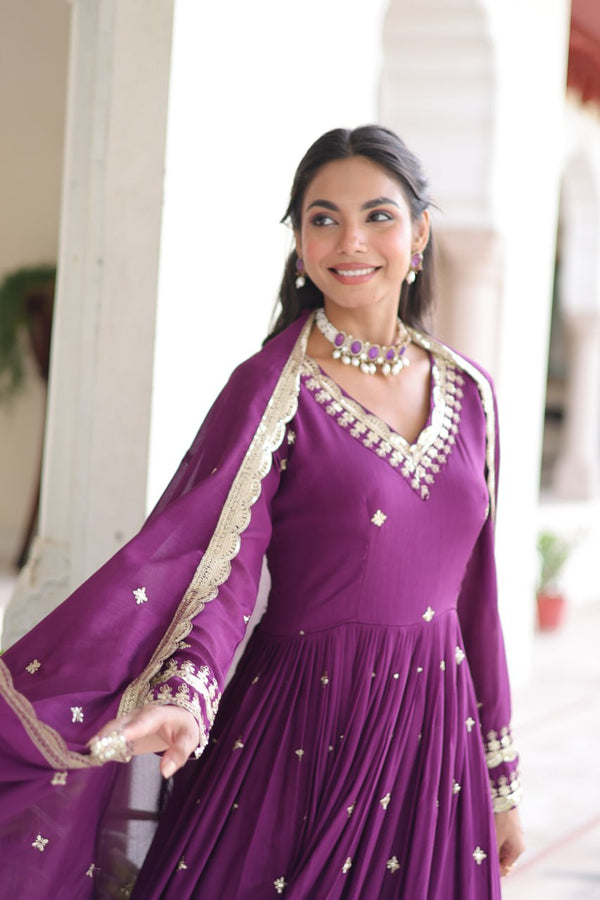 Wine Vichitra Silk Sequins Embroidered Anarkali Gown with Fancy V-Neck & Designer Dupatta – Fully Stitched Party & Festive Wear ClothsVilla