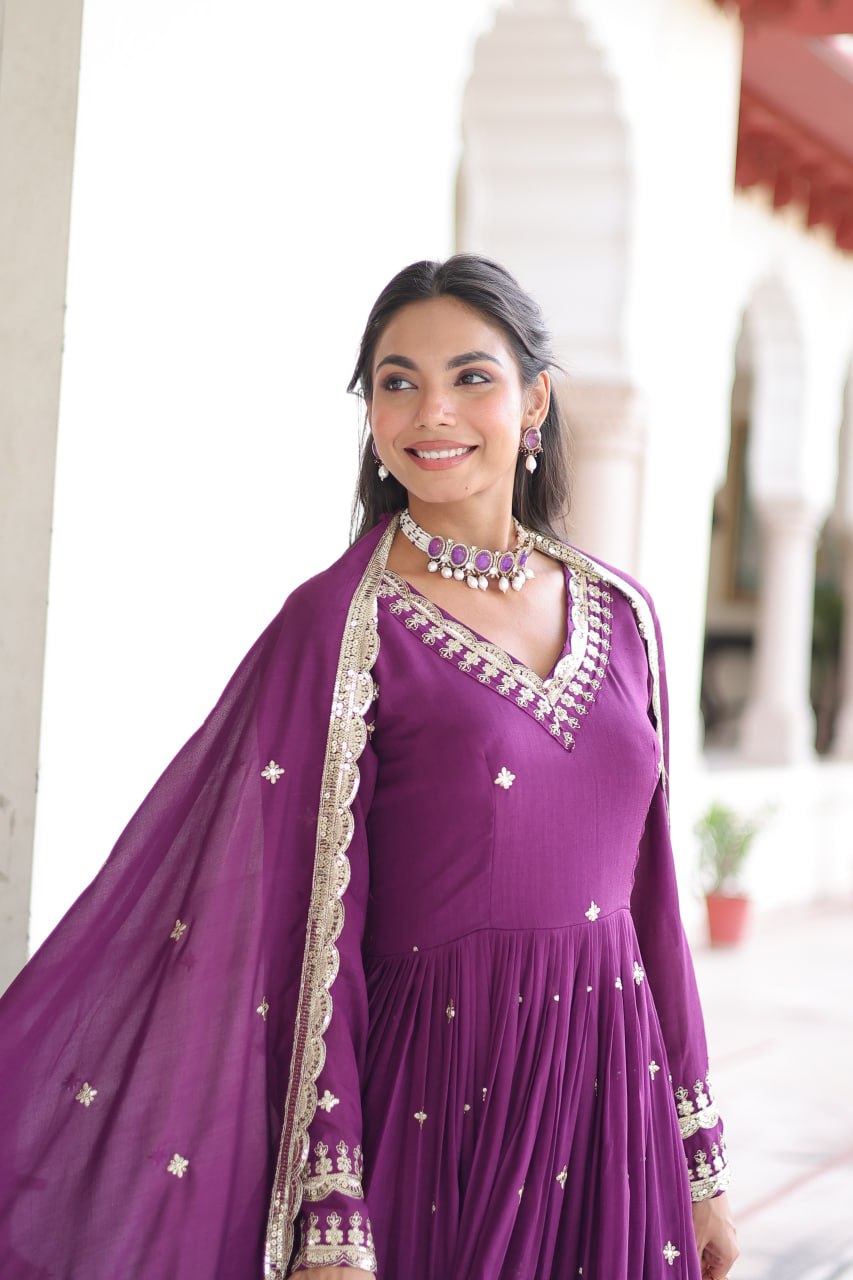 Wine Vichitra Silk Sequins Embroidered Anarkali Gown with Fancy V-Neck & Designer Dupatta – Fully Stitched Party & Festive Wear ClothsVilla