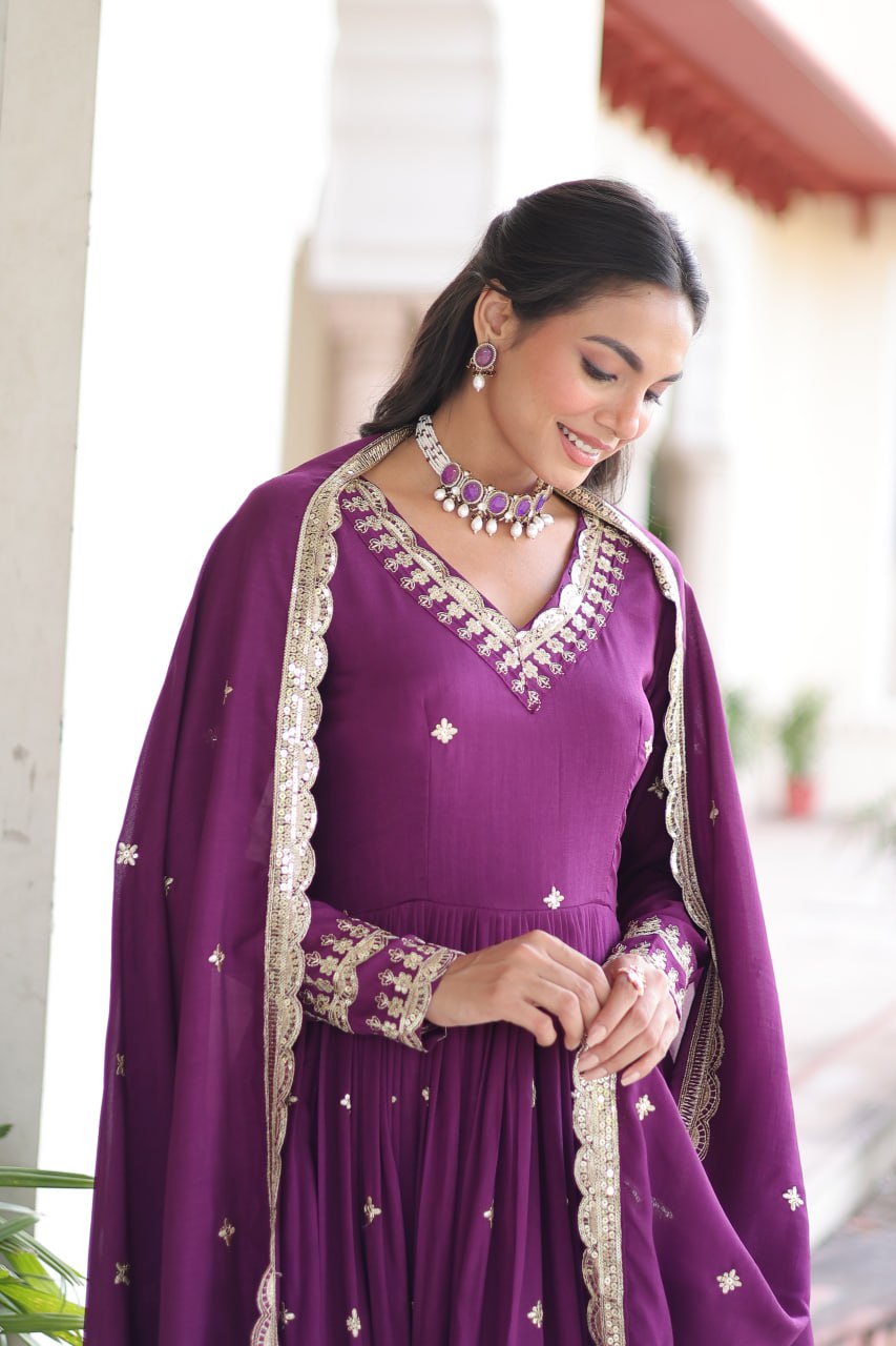 Wine Vichitra Silk Sequins Embroidered Anarkali Gown with Fancy V-Neck & Designer Dupatta – Fully Stitched Party & Festive Wear ClothsVilla