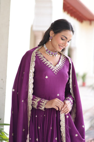 Wine Vichitra Silk Sequins Embroidered Anarkali Gown with Fancy V-Neck & Designer Dupatta – Fully Stitched Party & Festive Wear ClothsVilla