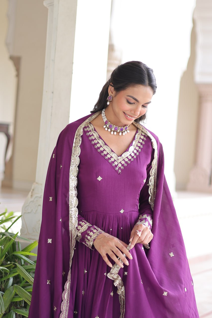 Wine Vichitra Silk Sequins Embroidered Anarkali Gown with Fancy V-Neck & Designer Dupatta – Fully Stitched Party & Festive Wear ClothsVilla