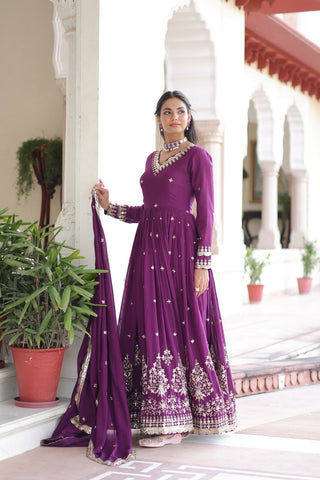 Wine Vichitra Silk Sequins Embroidered Anarkali Gown with Fancy V-Neck & Designer Dupatta – Fully Stitched Party & Festive Wear ClothsVilla