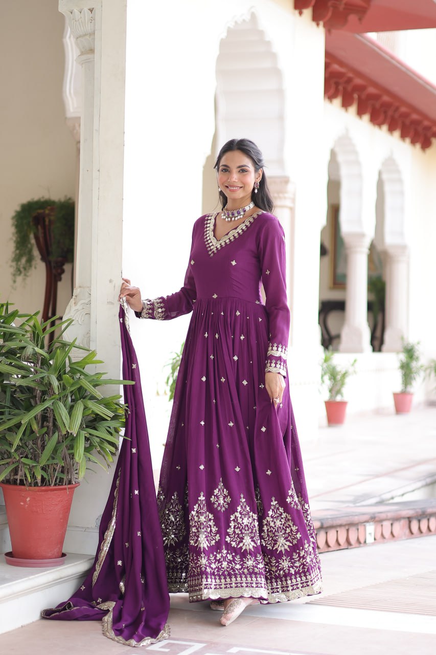 Wine Vichitra Silk Sequins Embroidered Anarkali Gown with Fancy V-Neck & Designer Dupatta – Fully Stitched Party & Festive Wear ClothsVilla