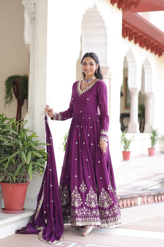 Wine Vichitra Silk Sequins Embroidered Anarkali Gown with Fancy V-Neck & Designer Dupatta – Fully Stitched Party & Festive Wear ClothsVilla