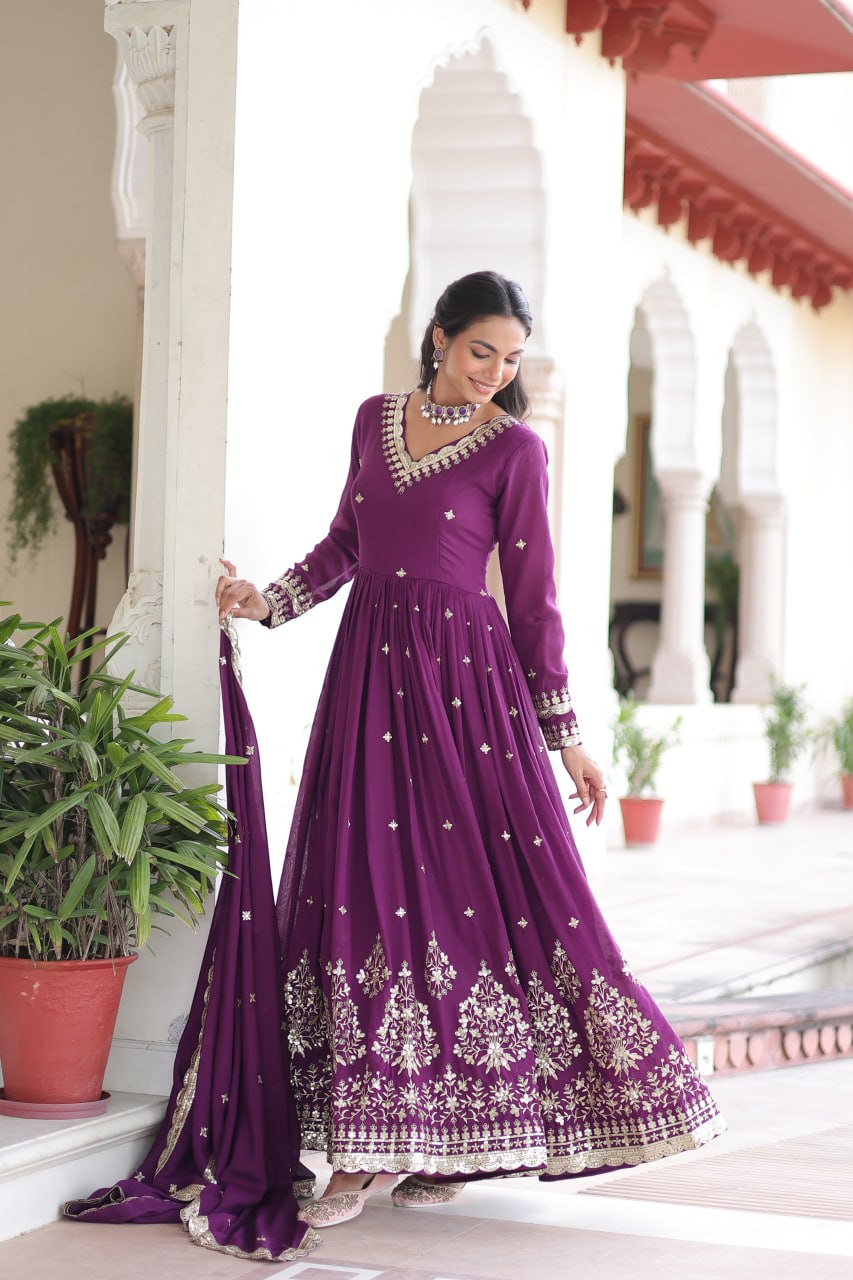 Wine Vichitra Silk Sequins Embroidered Anarkali Gown with Fancy V-Neck & Designer Dupatta – Fully Stitched Party & Festive Wear ClothsVilla