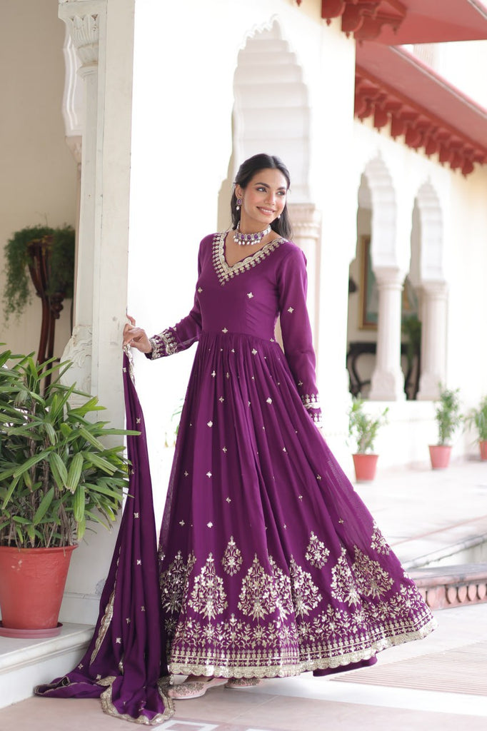 Wine Vichitra Silk Sequins Embroidered Anarkali Gown with Fancy V-Neck & Designer Dupatta – Fully Stitched Party & Festive Wear ClothsVilla