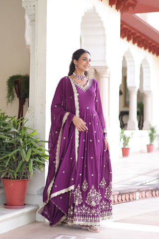 Wine Vichitra Silk Sequins Embroidered Anarkali Gown with Fancy V-Neck & Designer Dupatta – Fully Stitched Party & Festive Wear ClothsVilla