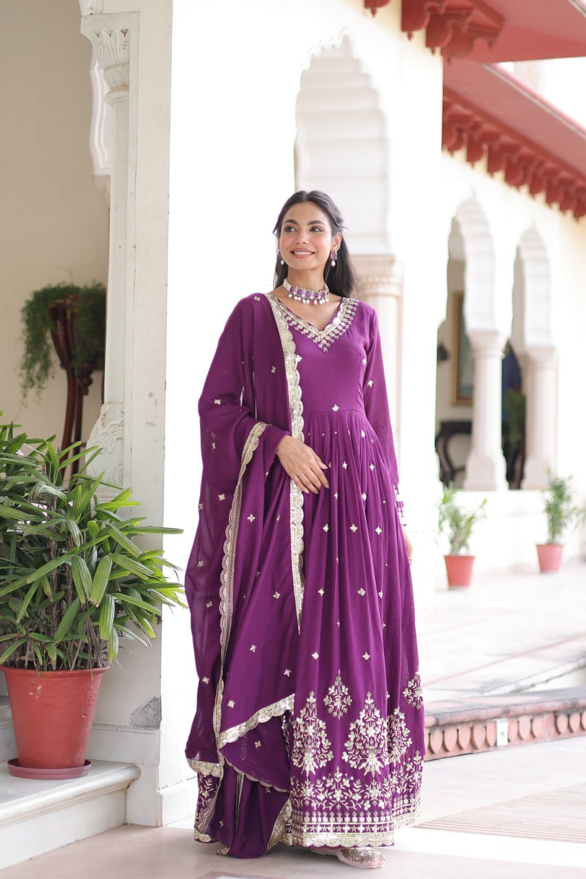 Wine Vichitra Silk Sequins Embroidered Anarkali Gown with Fancy V-Neck & Designer Dupatta – Fully Stitched Party & Festive Wear ClothsVilla