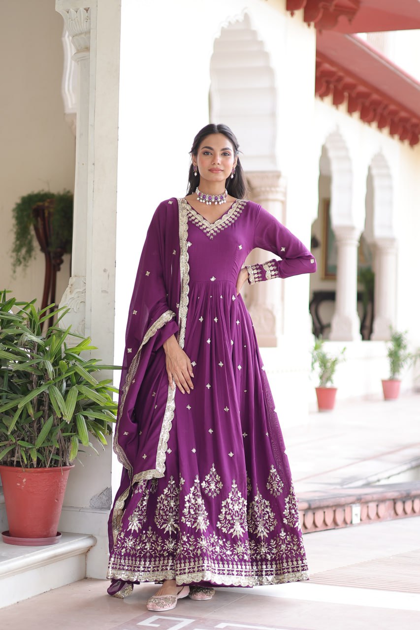 Wine Vichitra Silk Sequins Embroidered Anarkali Gown with Fancy V-Neck & Designer Dupatta – Fully Stitched Party & Festive Wear ClothsVilla Main image