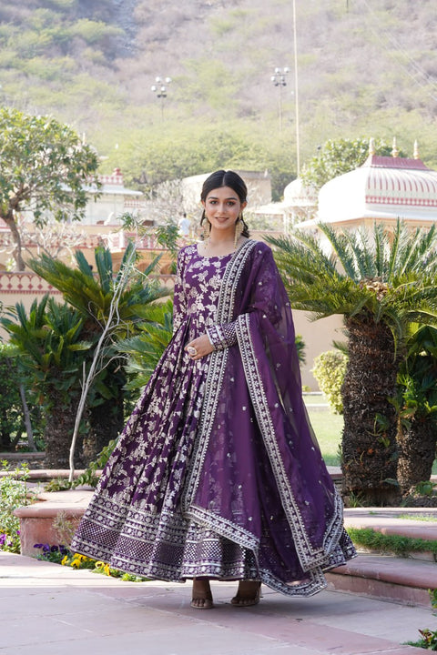Luxe Wine Viscose Jacquard Gown with Sequin Embroidery & Russian Silk Dupatta ClothsVilla Main image