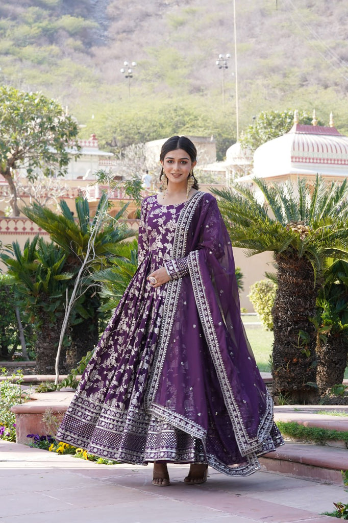 Luxe Wine Viscose Jacquard Gown with Sequin Embroidery & Russian Silk Dupatta ClothsVilla