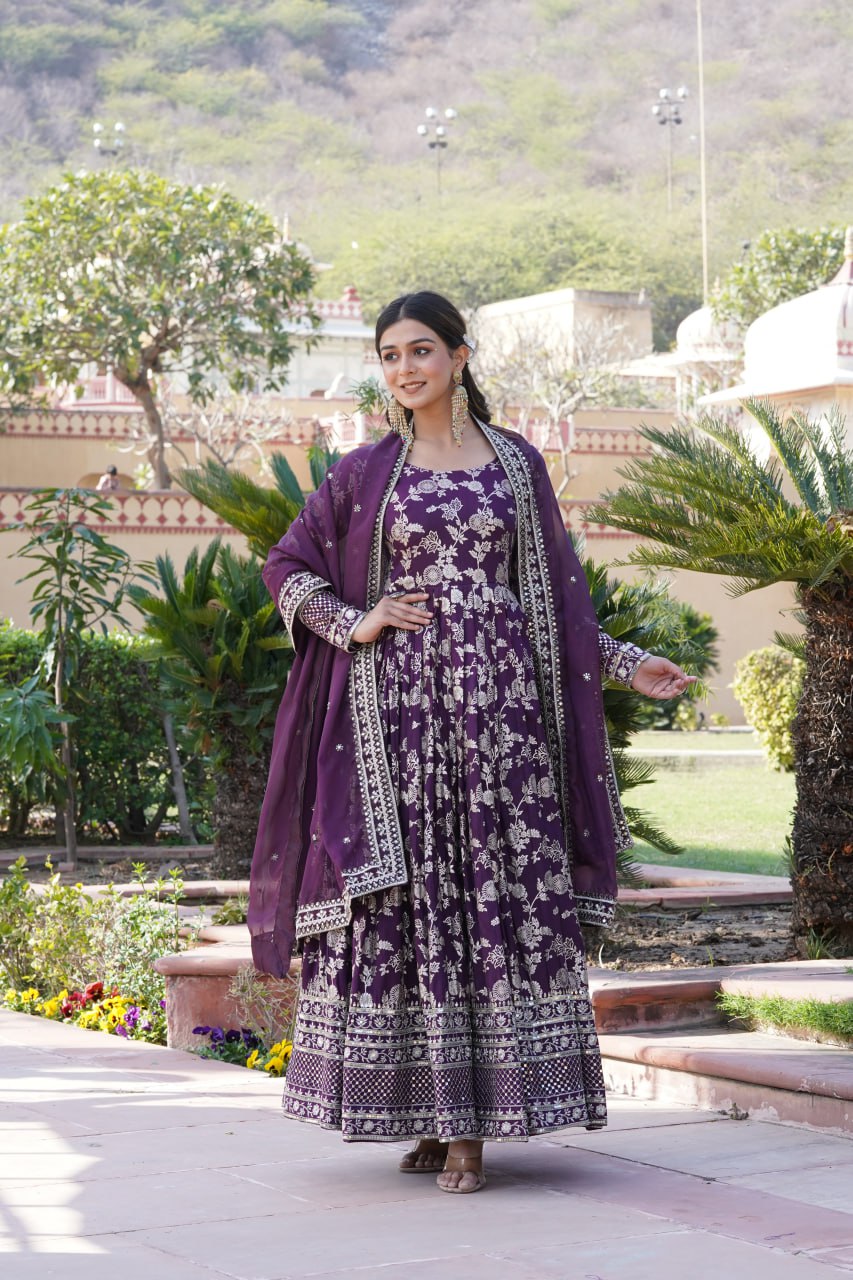 Luxe Wine Viscose Jacquard Gown with Sequin Embroidery & Russian Silk Dupatta ClothsVilla
