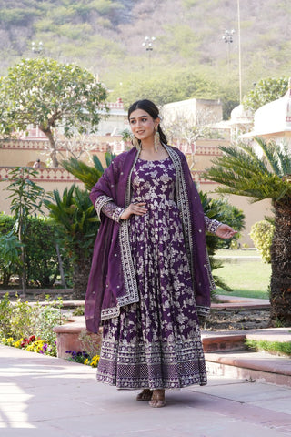 Luxe Wine Viscose Jacquard Gown with Sequin Embroidery & Russian Silk Dupatta ClothsVilla