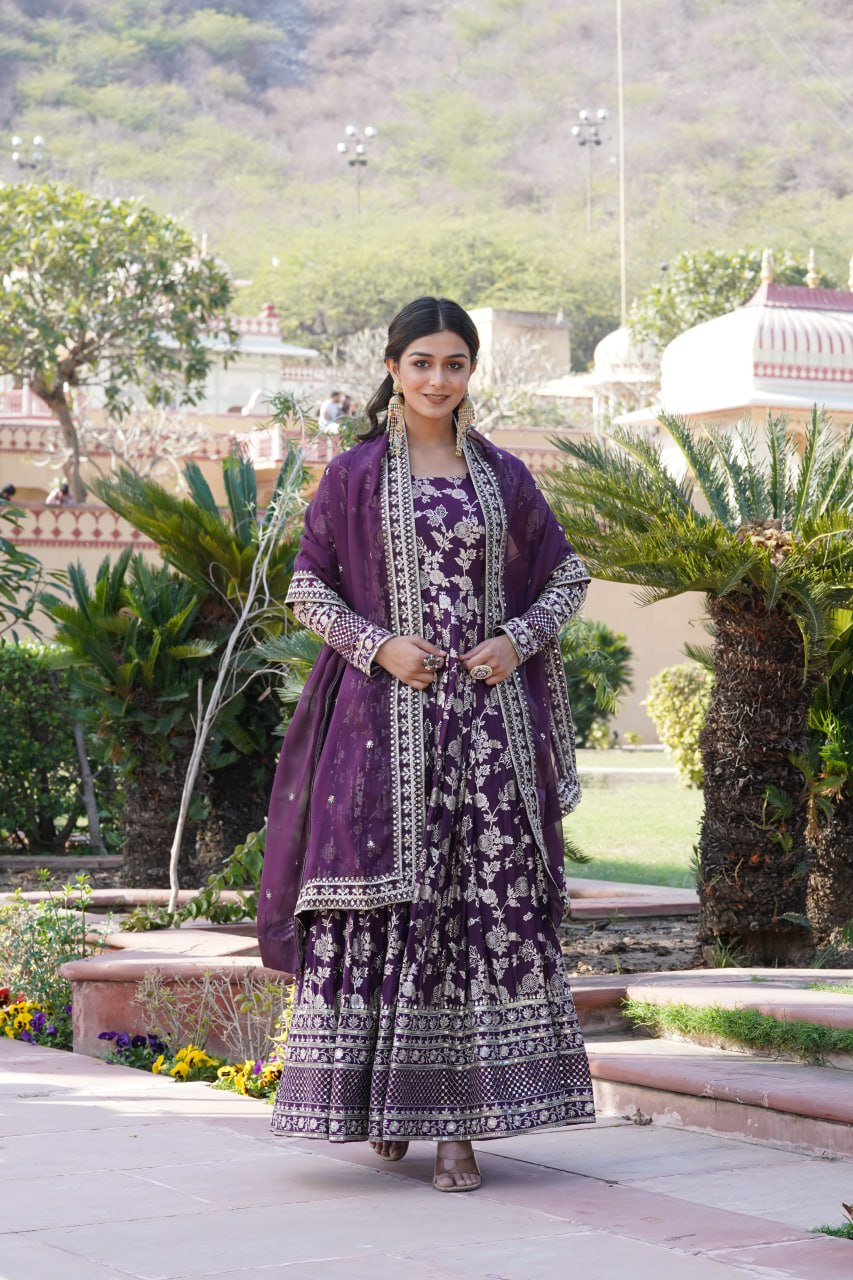 Luxe Wine Viscose Jacquard Gown with Sequin Embroidery & Russian Silk Dupatta ClothsVilla