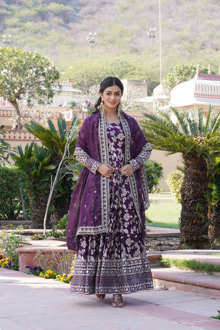 Luxe Wine Viscose Jacquard Gown with Sequin Embroidery & Russian Silk Dupatta ClothsVilla