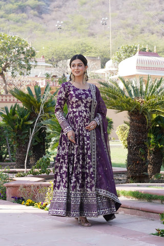 Luxe Wine Viscose Jacquard Gown with Sequin Embroidery & Russian Silk Dupatta ClothsVilla