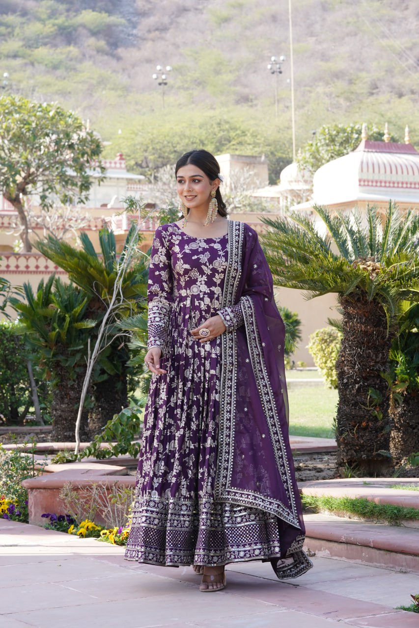 Luxe Wine Viscose Jacquard Gown with Sequin Embroidery & Russian Silk Dupatta ClothsVilla