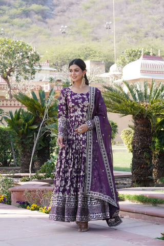 Luxe Wine Viscose Jacquard Gown with Sequin Embroidery & Russian Silk Dupatta ClothsVilla
