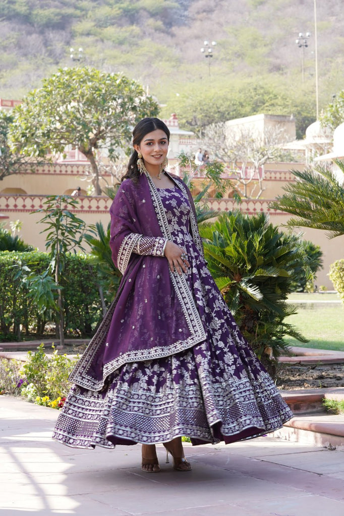 Luxe Wine Viscose Jacquard Gown with Sequin Embroidery & Russian Silk Dupatta ClothsVilla