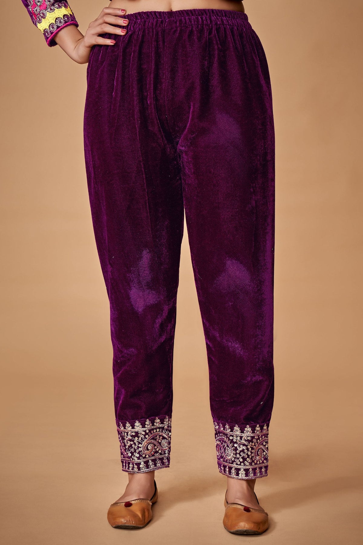 Wine Viscose Velvet Embroidered Top & Pant Set with Georgette Dupatta ClothsVilla