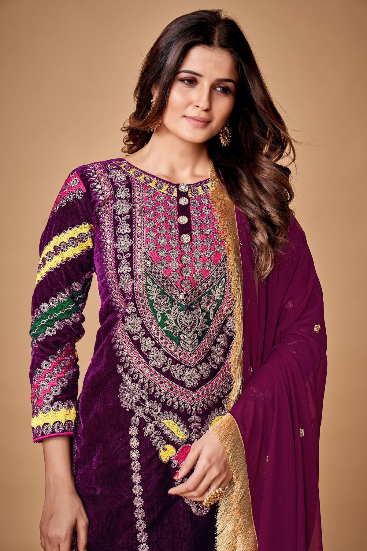 Wine Viscose Velvet Embroidered Top & Pant Set with Georgette Dupatta ClothsVilla