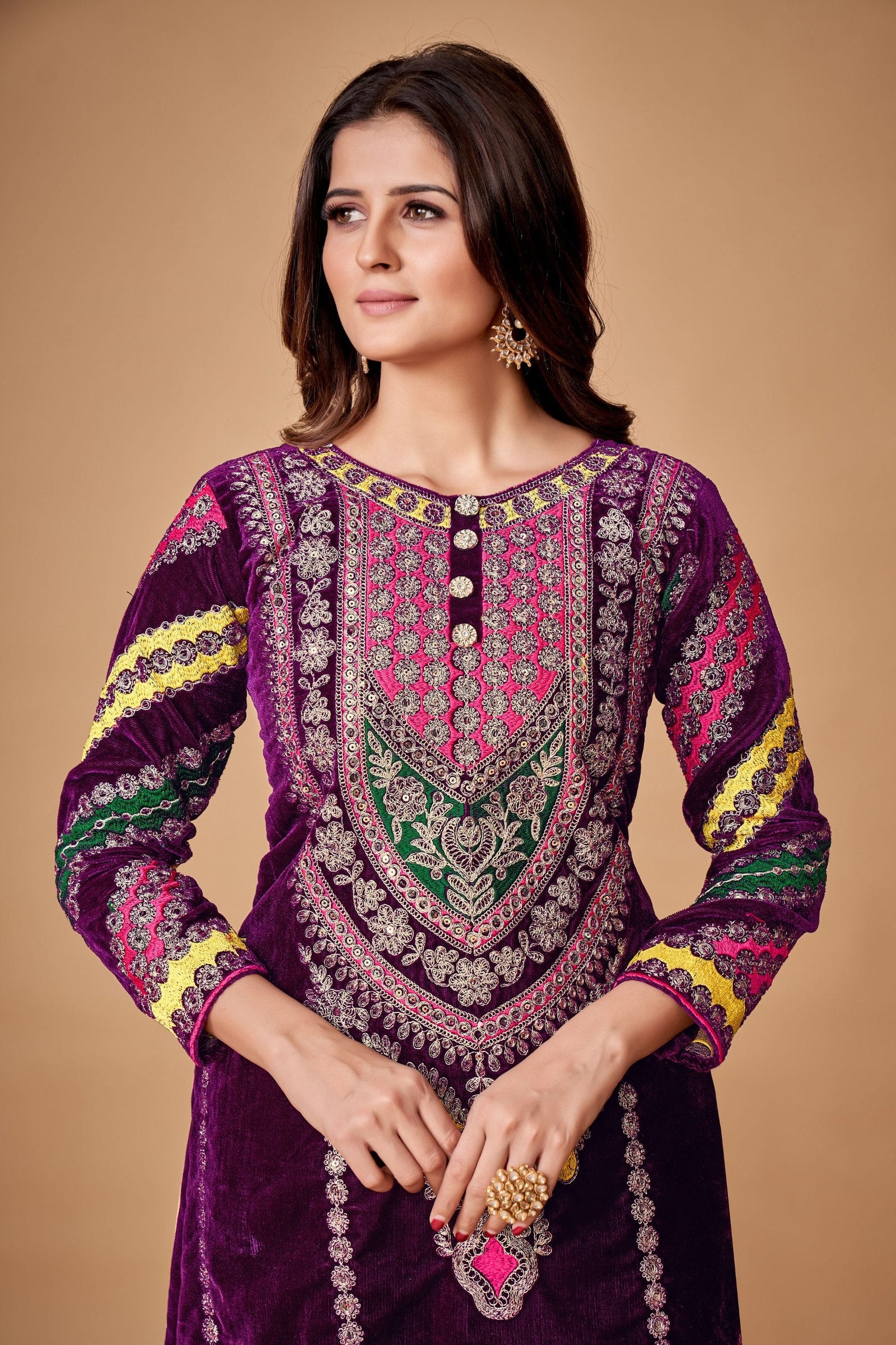 Wine Viscose Velvet Embroidered Top & Pant Set with Georgette Dupatta ClothsVilla