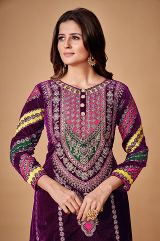 Wine Viscose Velvet Embroidered Top & Pant Set with Georgette Dupatta ClothsVilla