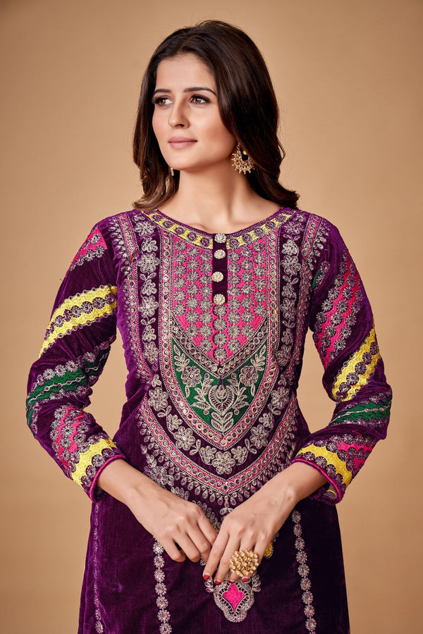 Wine Viscose Velvet Embroidered Top & Pant Set with Georgette Dupatta ClothsVilla