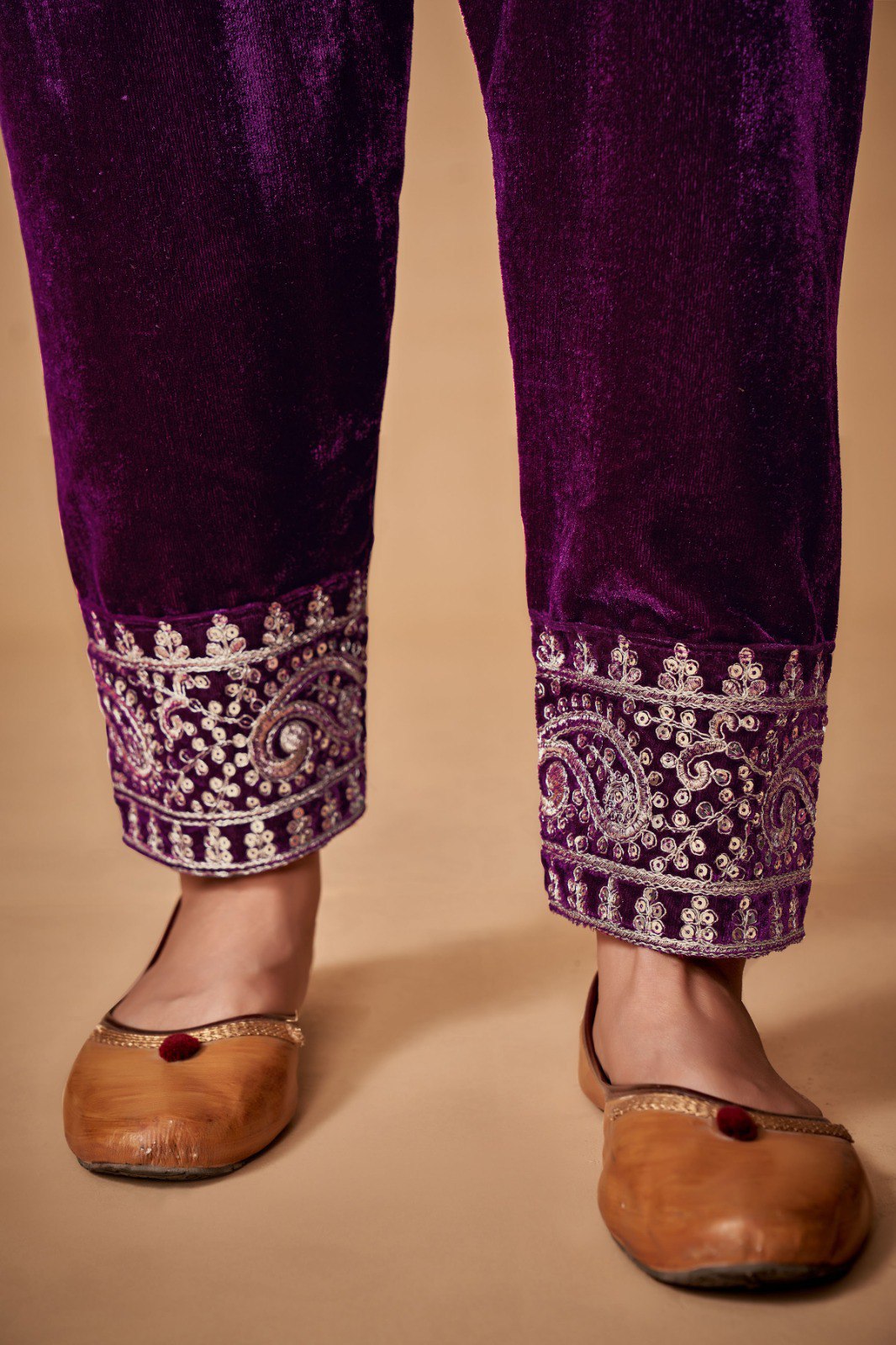 Wine Viscose Velvet Embroidered Top & Pant Set with Georgette Dupatta ClothsVilla