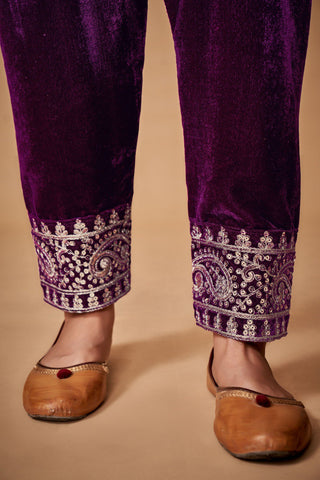 Wine Viscose Velvet Embroidered Top & Pant Set with Georgette Dupatta ClothsVilla