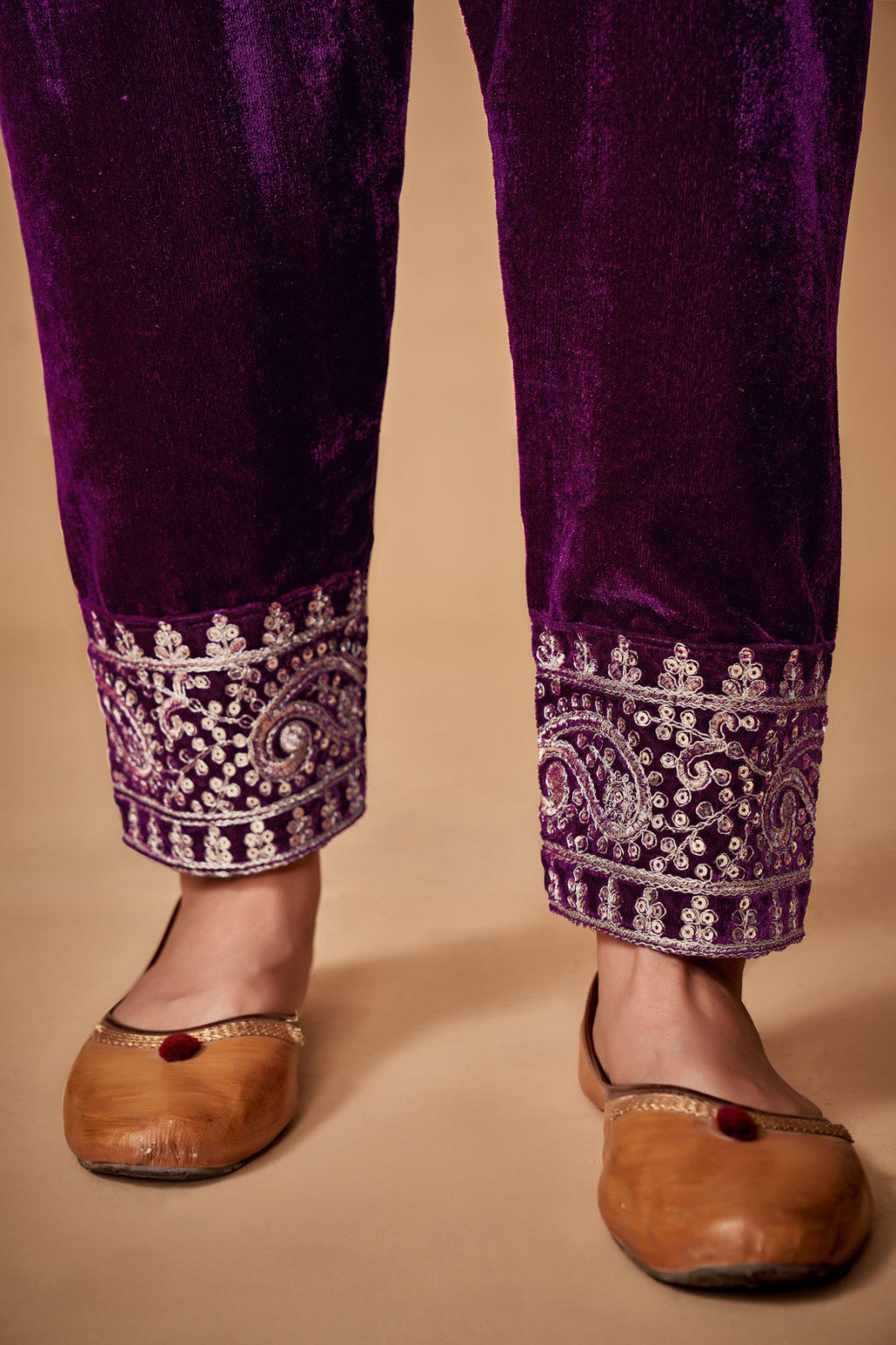 Wine Viscose Velvet Embroidered Top & Pant Set with Georgette Dupatta ClothsVilla