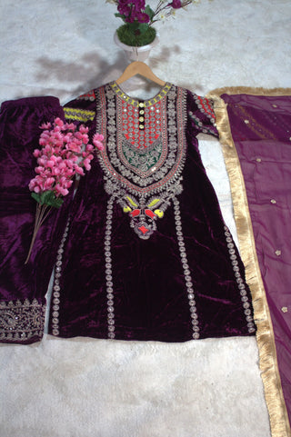 Wine Viscose Velvet Embroidered Top & Pant Set with Georgette Dupatta ClothsVilla
