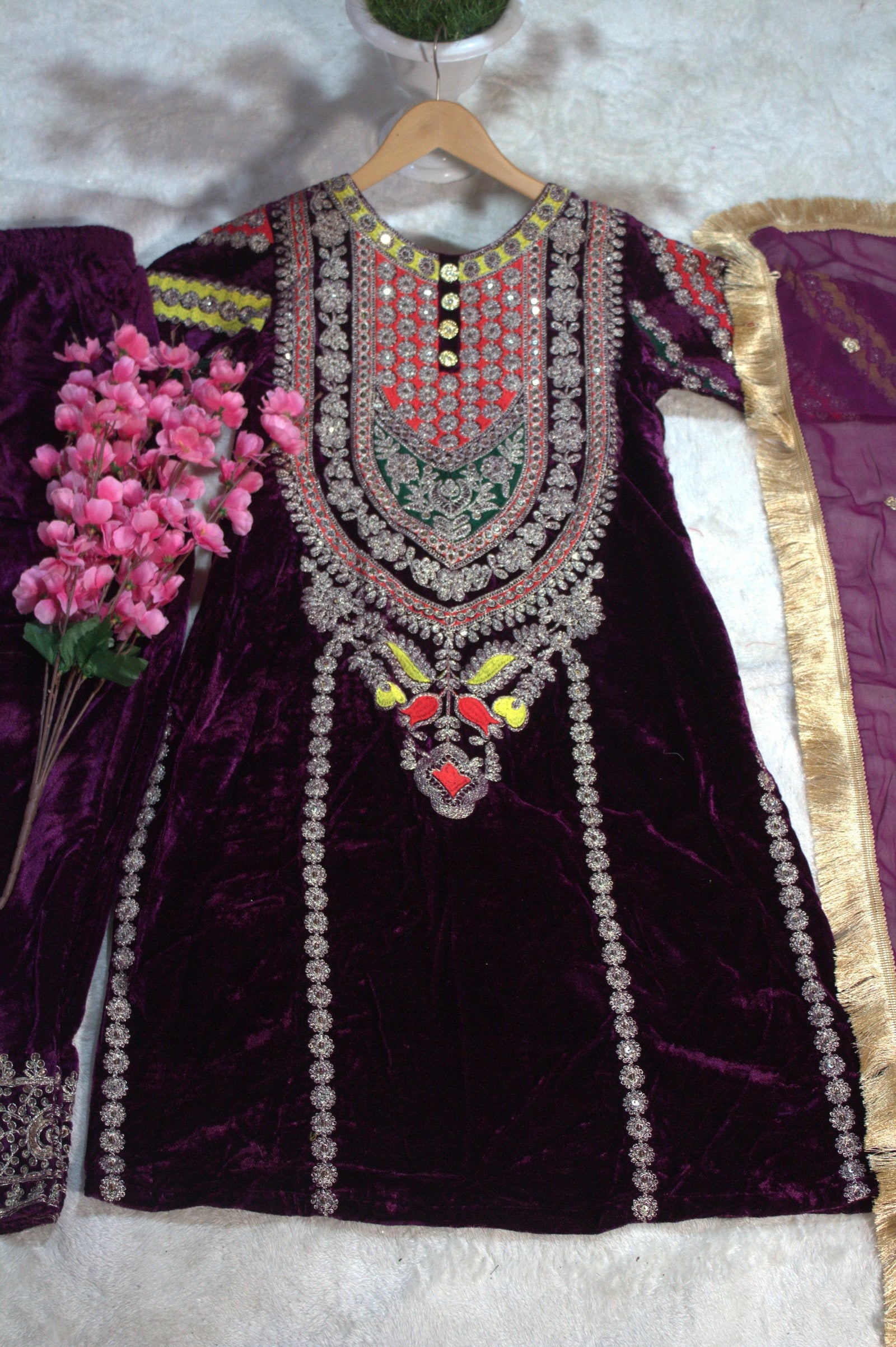 Wine Viscose Velvet Embroidered Top & Pant Set with Georgette Dupatta ClothsVilla